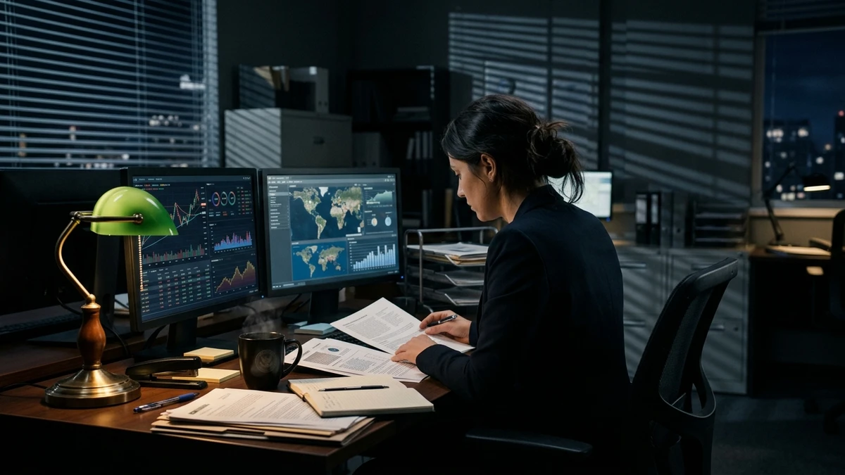An analyst studying documents and screens showing charts of UAP case statistics in a dim office