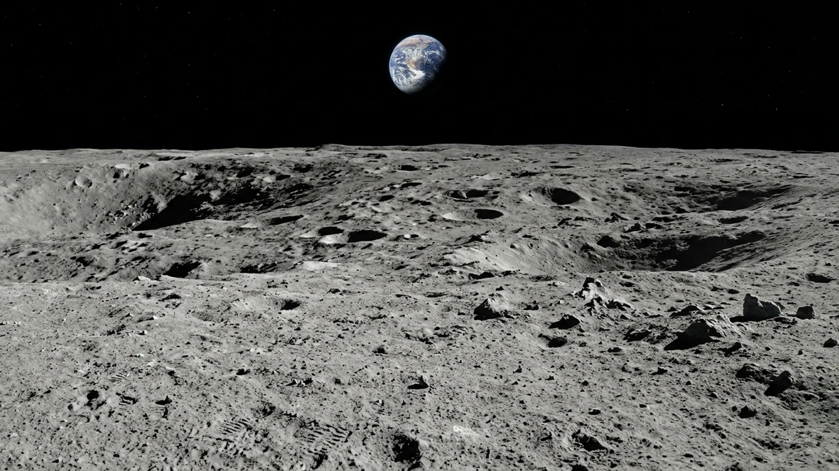 The Moon's cratered grey surface stretching to a black horizon under harsh sunlight, undisturbed for billions of years, with the Earth small and blue in the sky above