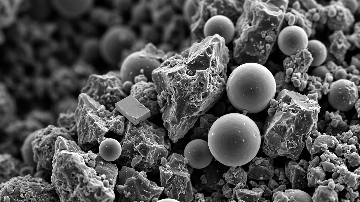 Extreme close-up of grey lunar regolith grains under an electron microscope, angular glassy fragments and rounded spherules, with one tiny geometric fleck standing out from the rest