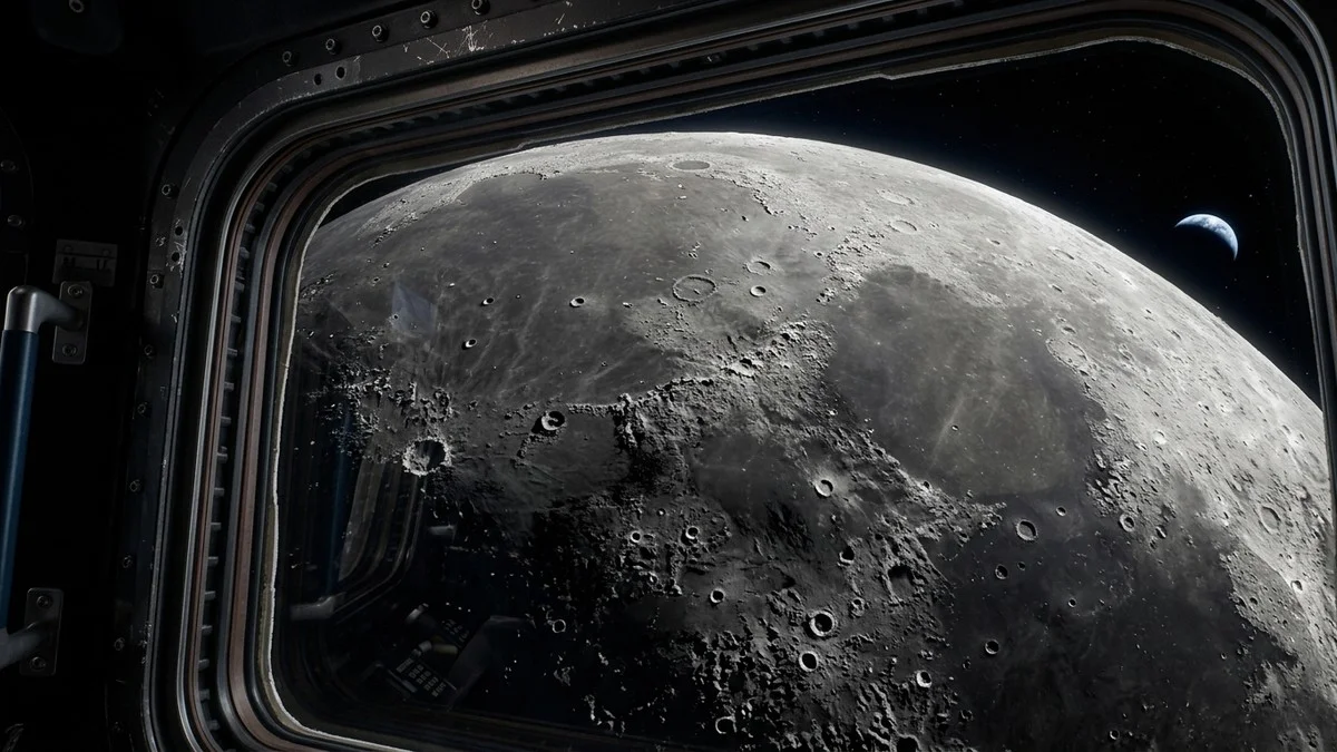 View of the Moon growing larger through a spacecraft window with instrument panels visible