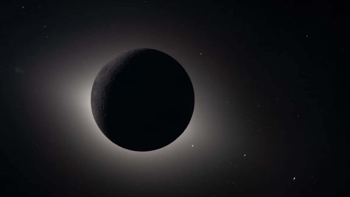 The Moon fully eclipses the Sun during the Artemis II lunar flyby, with the Sun's corona glowing as a white halo around the dark lunar disk