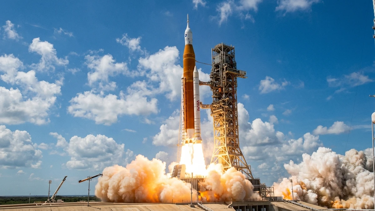 NASA's Space Launch System rocket launching from Kennedy Space Center at night, carrying the Orion crew capsule toward the Moon, with massive exhaust plume illuminating the launch pad
