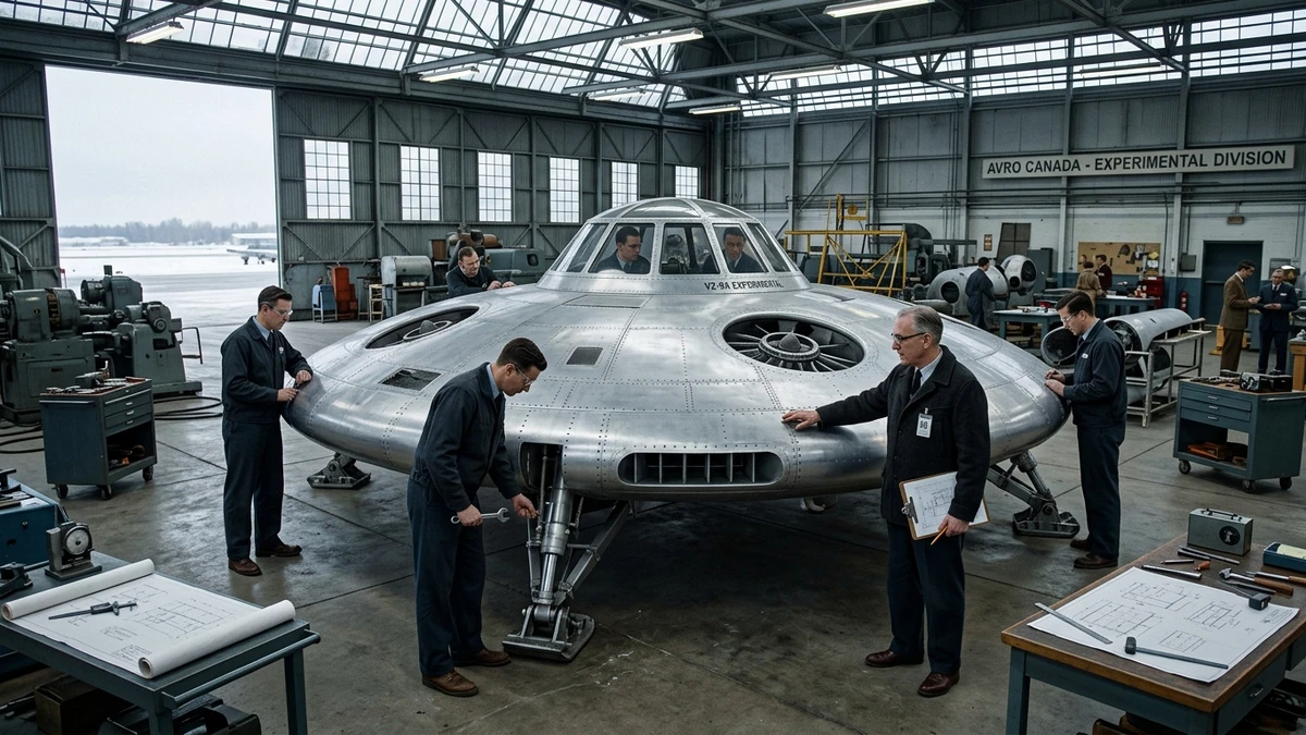Artist's impression of engineers examining a disc-shaped experimental VTOL aircraft prototype inside a 1950s Canadian factory hangar