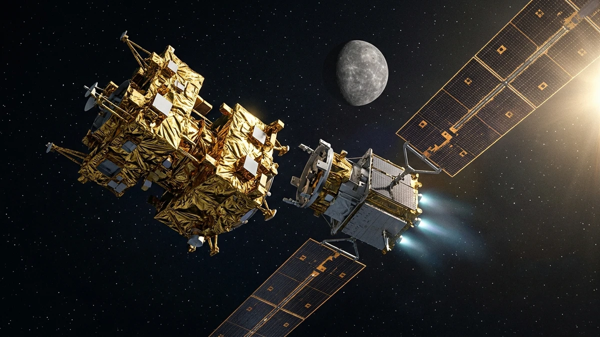 Artist's impression of the Mercury Transfer Module with its long solar wings drifting away from the two stacked BepiColombo orbiters