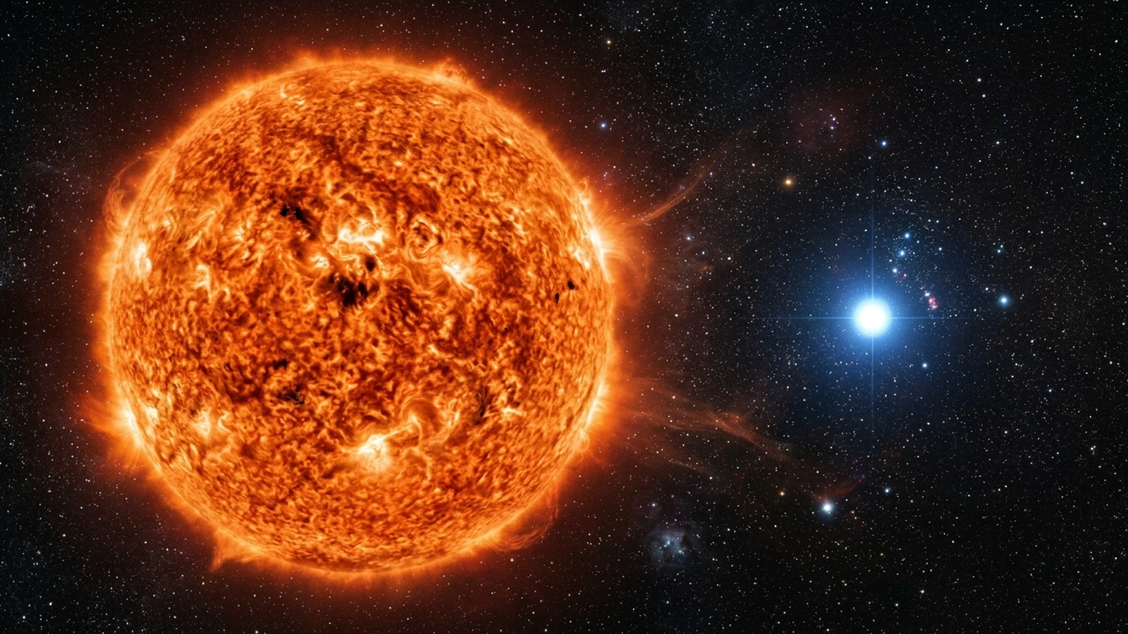 Artist's impression of the huge orange-red supergiant Betelgeuse with a small bright blue-white companion star beside it against a dark starfield