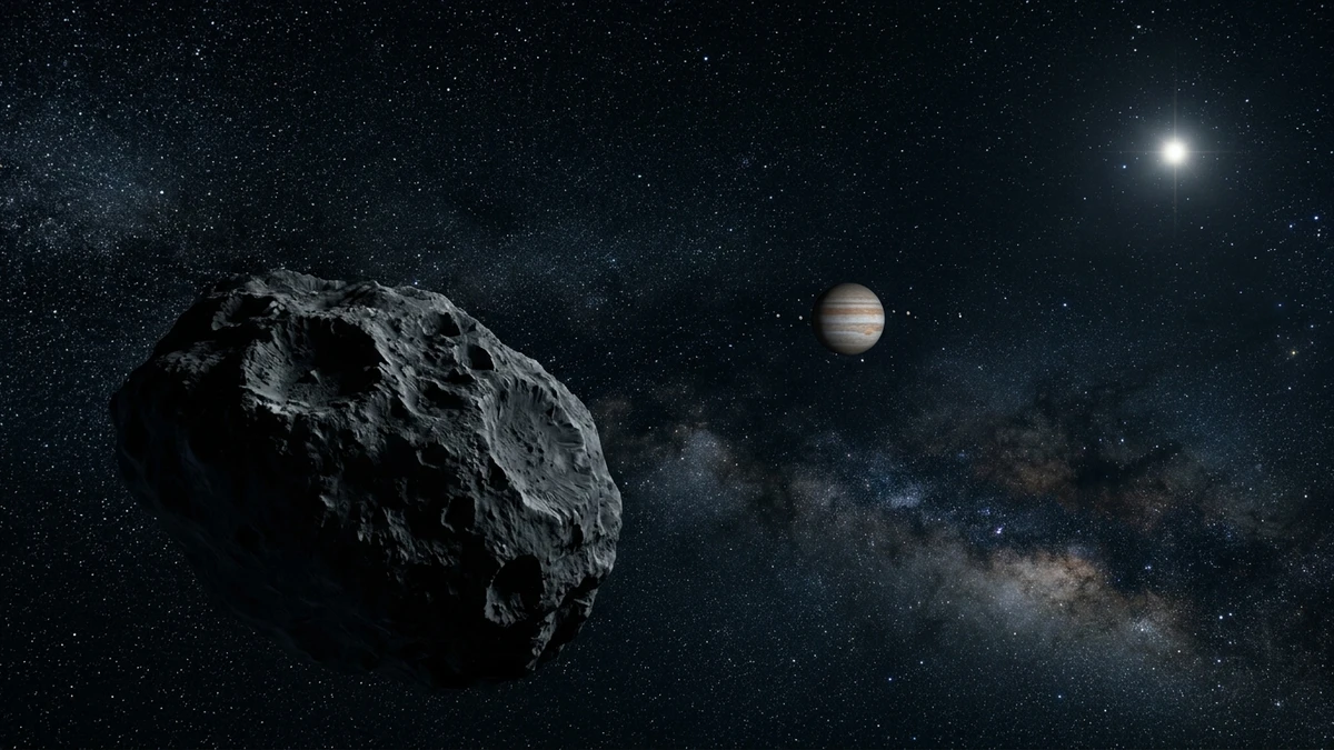 The dark Chicxulub asteroid drifting through the cold outer solar system with Jupiter and the distant Sun far behind it