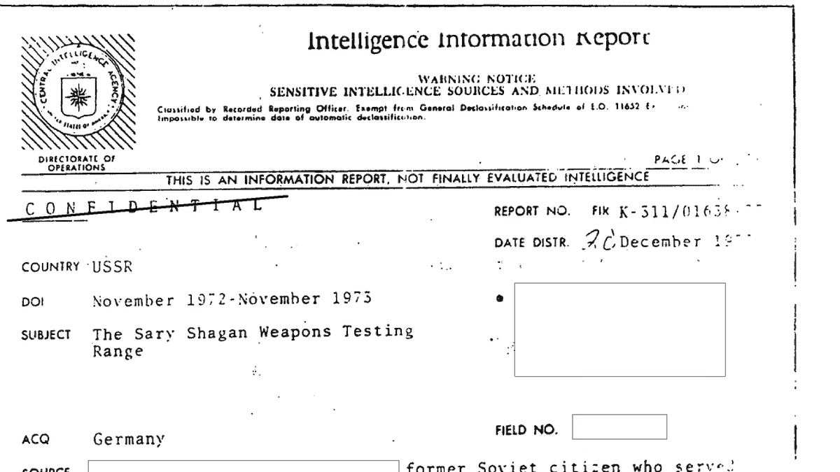 Header of declassified CIA Intelligence Information Report FIRK-311/01638-77 on the Sary Shagan weapons testing range, December 1973