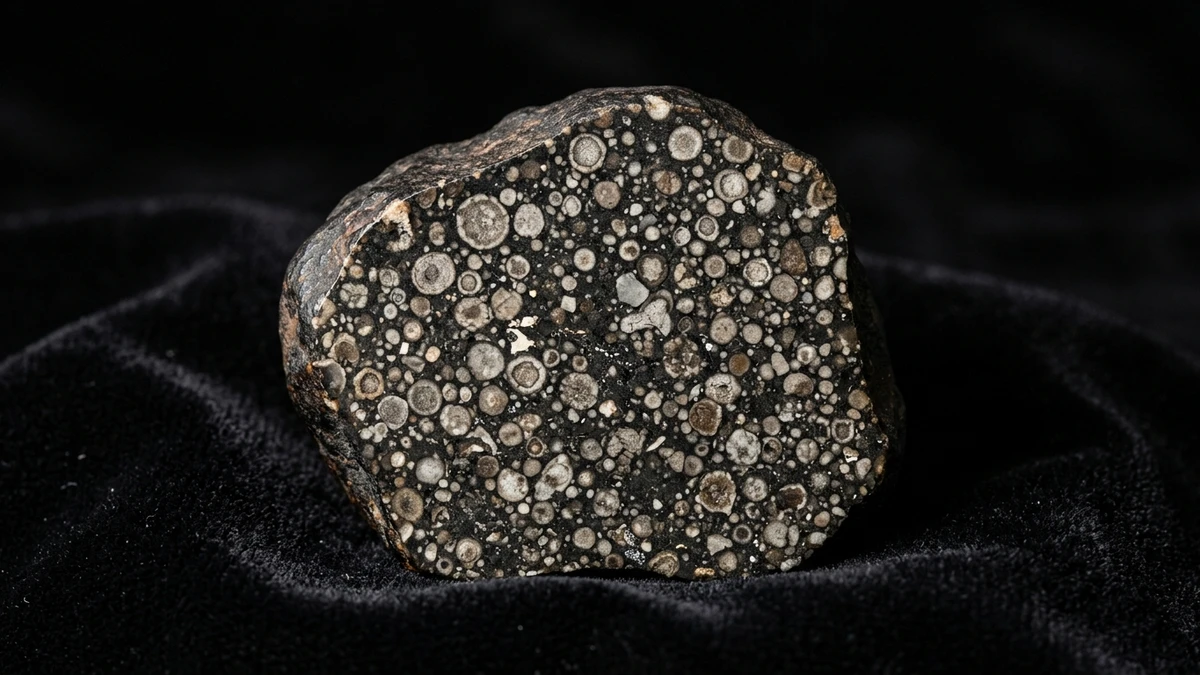 A dark carbonaceous chondrite meteorite fragment on black cloth, showing tiny round chondrules embedded in its cut face