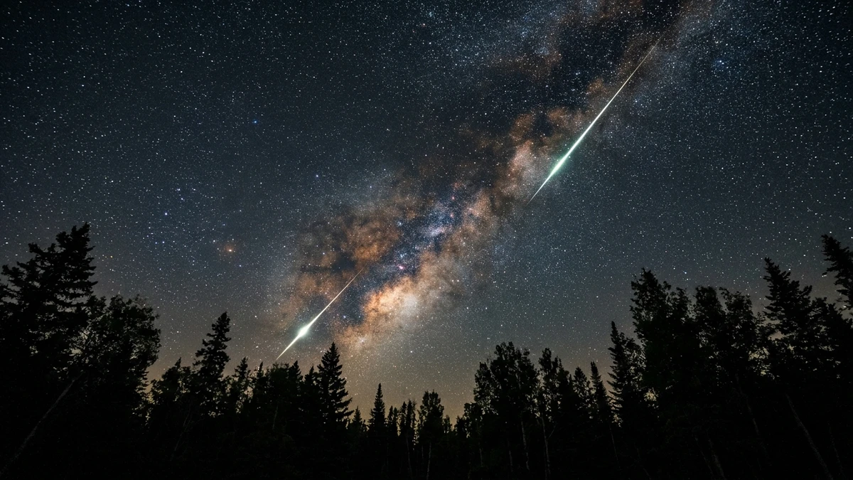 Two meteors crossing a dark August sky from different directions above a silhouetted treeline, illustrating overlapping meteor showers