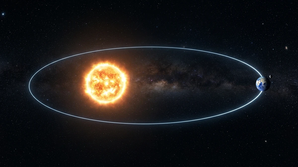 Artistic view of Earth's elliptical orbit around the Sun seen from above, with Earth at the far end of the ellipse