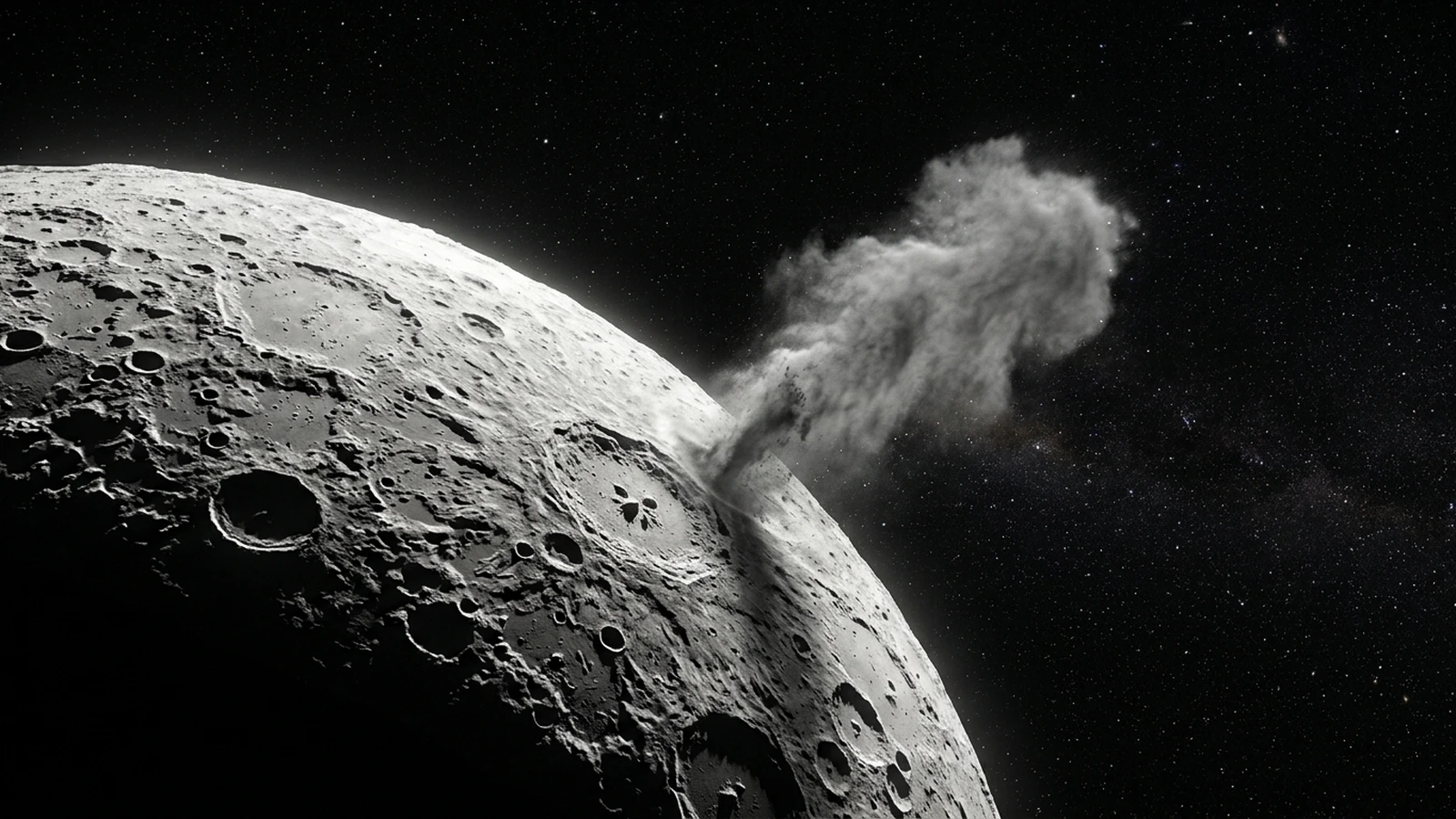 A plume of grey lunar dust rising off the sunlit edge of the Moon into black space moments after a rocket stage impact
