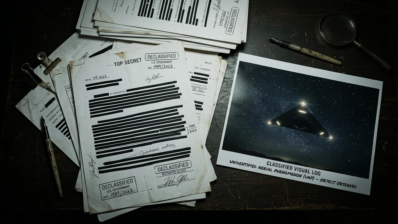 Declassified UFO document pages beside an FBI digital rendering of a dark triangle with lights against a night sky