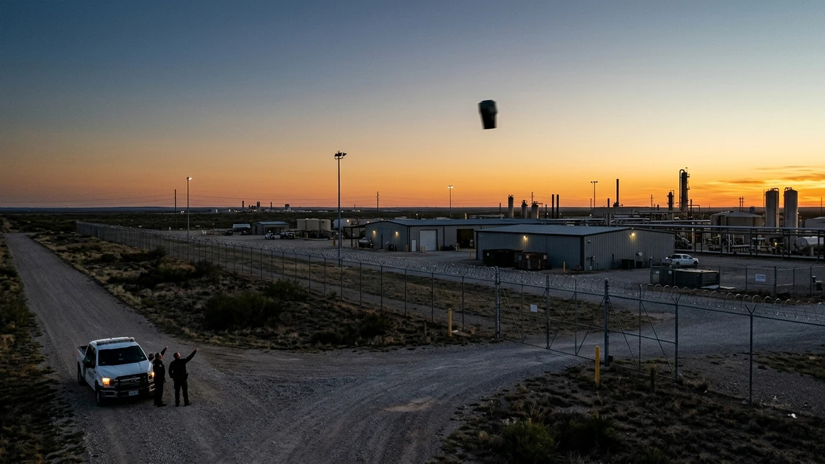 A small dark unidentified object hovering above the perimeter fence of an industrial nuclear facility at dawn, seen from ground level
