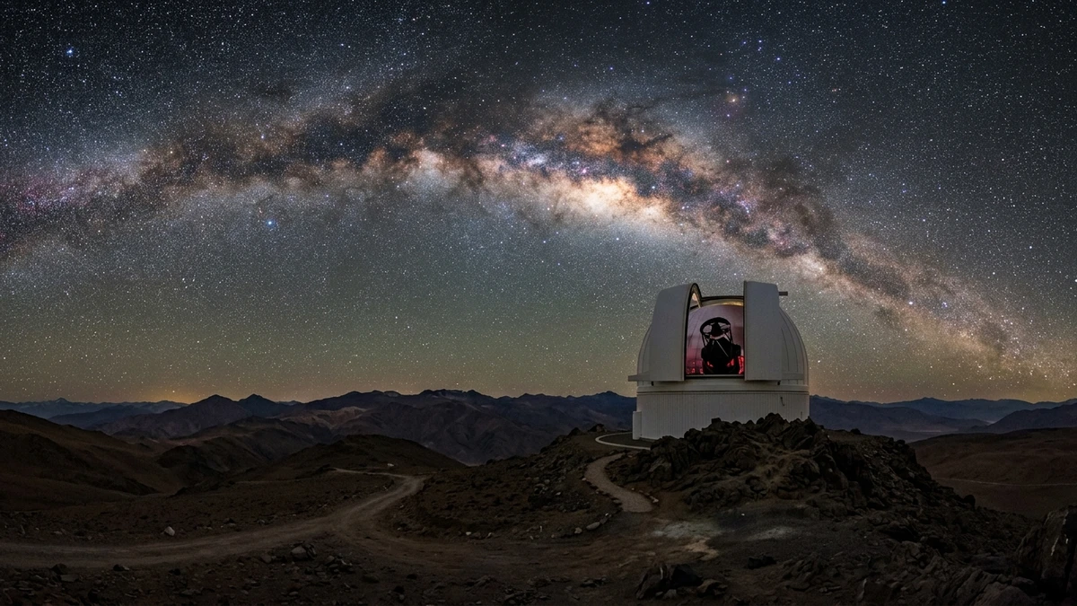A white observatory dome open under a starry night sky on a desert mountaintop, with the Milky Way arching overhead