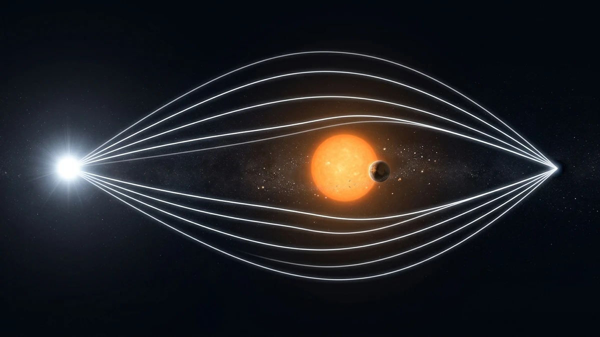 Diagram of gravitational microlensing showing light from a distant star bending around a foreground star and its planet, magnifying the background star's brightness