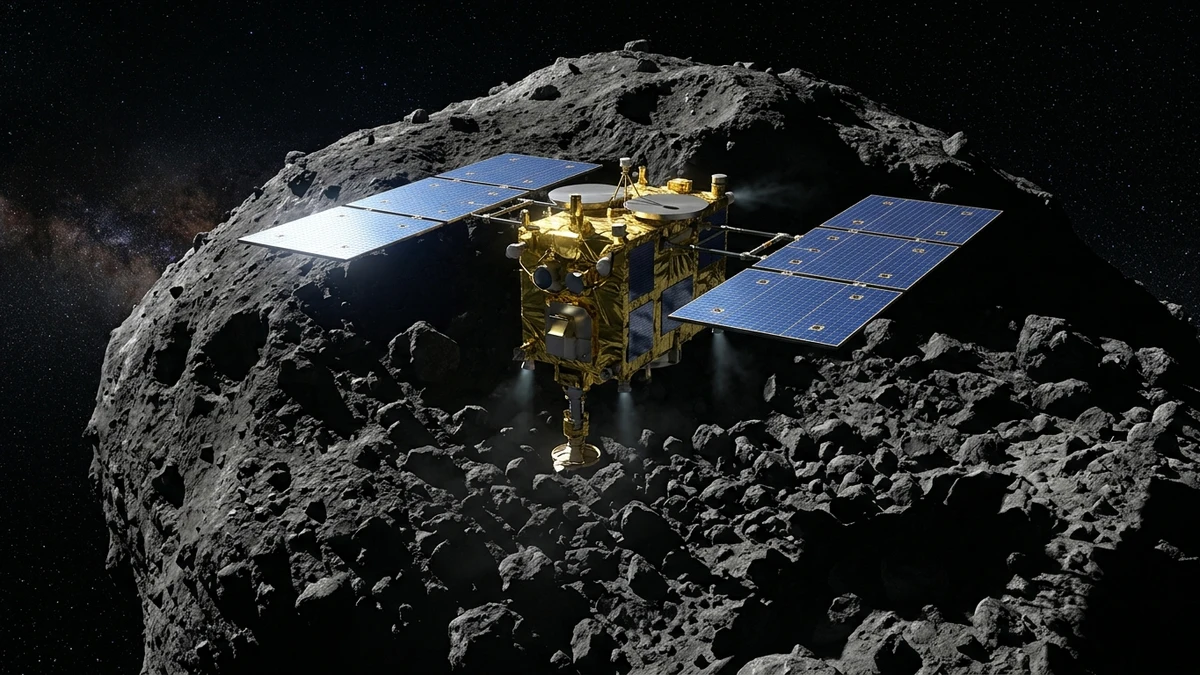 The Hayabusa2 spacecraft above the boulder-strewn surface of asteroid Ryugu, with its sample capsule glinting