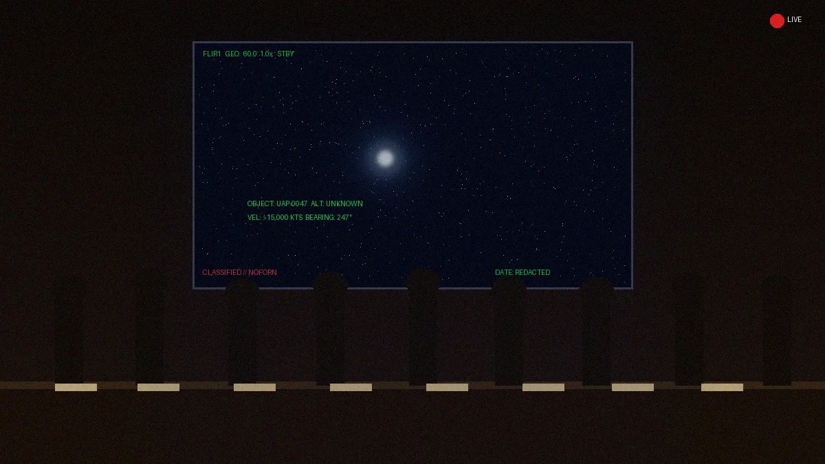 Illustration of a congressional hearing on UAP disclosure with classified footage displayed on a screen