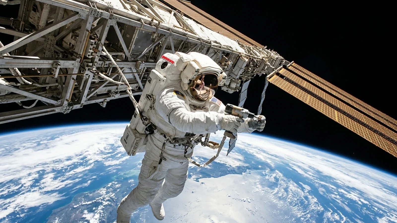 An astronaut in a white NASA spacesuit working on the ISS truss with the blue Earth far below