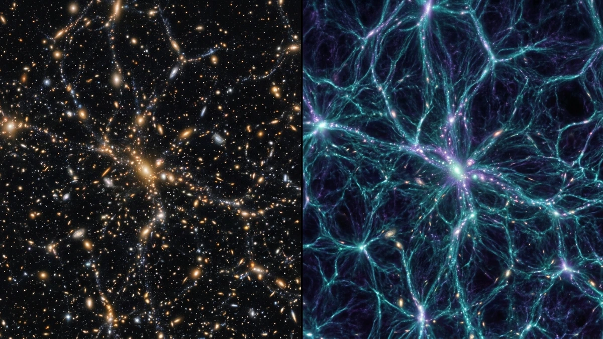 Split image showing a visible-light galaxy map on the left and a dark matter density map on the right, revealing similar large-scale structure