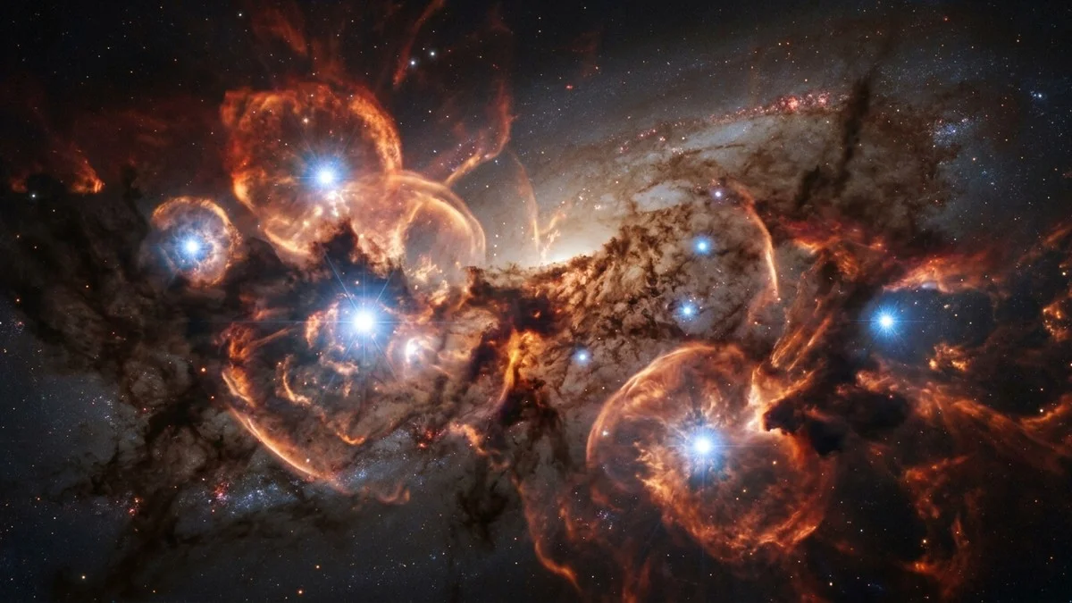 Illustration showing dust and carbon being produced by dying stars in the early universe