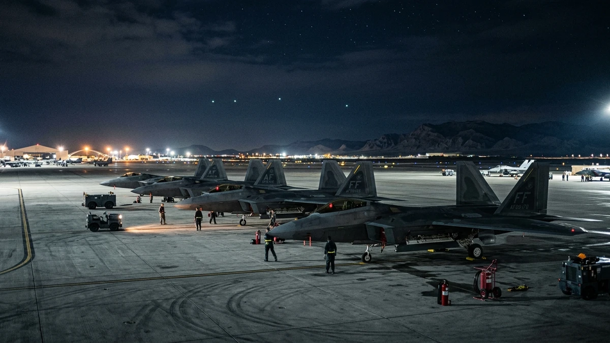 F-22 fighter jets parked on a floodlit runway at night while unexplained lights hang in the dark sky above
