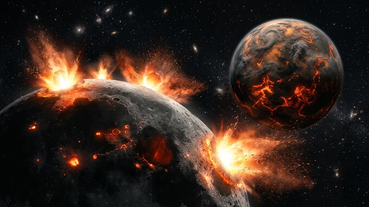 Artist's impression of the early Moon being struck repeatedly by asteroids, with a molten young Earth in the background