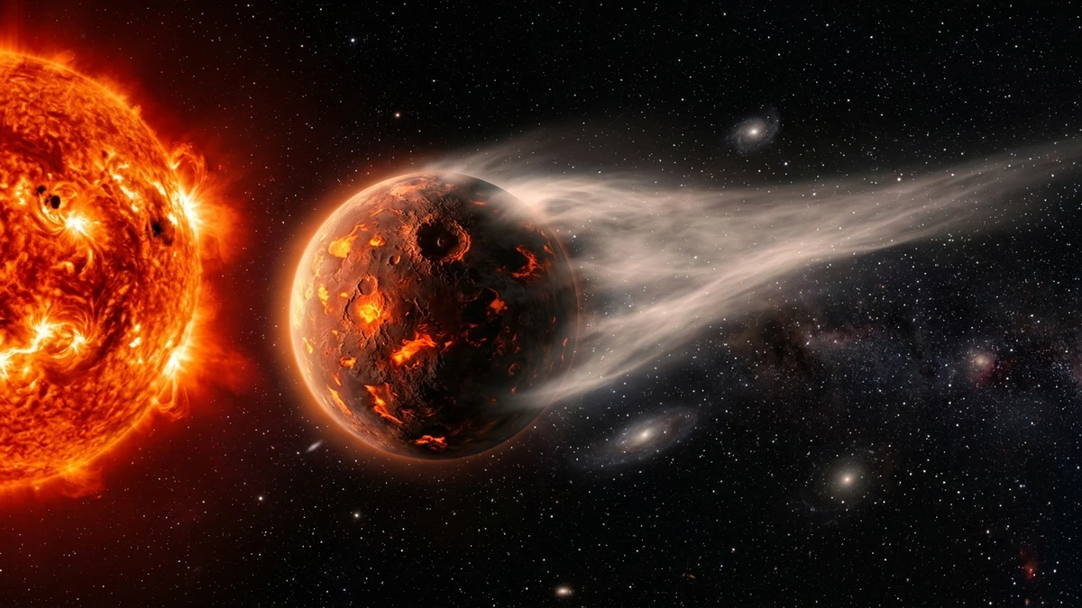 Artist's impression of LHS 1140 b trailing a faint wisp of escaping helium as it orbits close to its red dwarf star