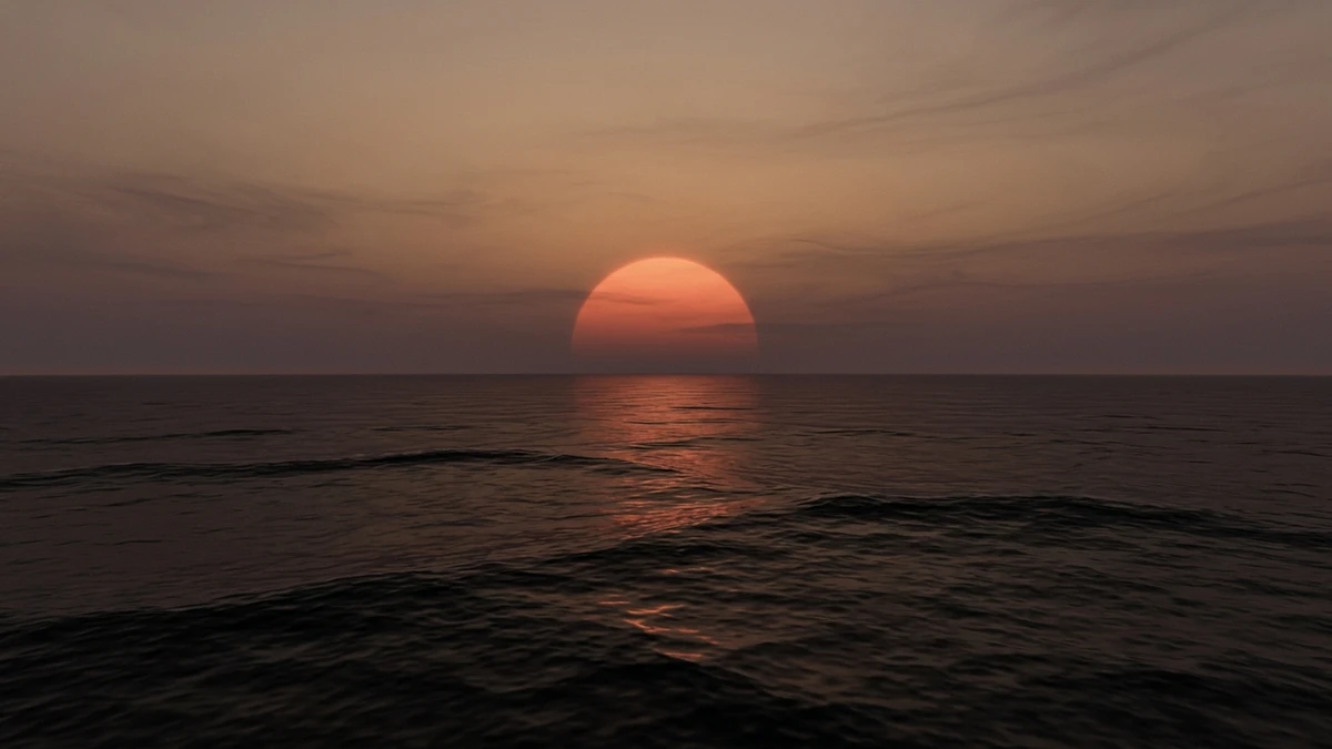 Artist's impression of a possible ocean on LHS 1140 b, with calm water stretching to the horizon under a large dim red sun in a hazy sky