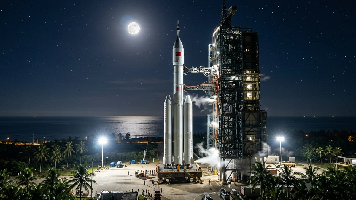 Artist's impression of the full three-core Long March 10 Moon rocket on the pad at night, floodlit, with the Moon above