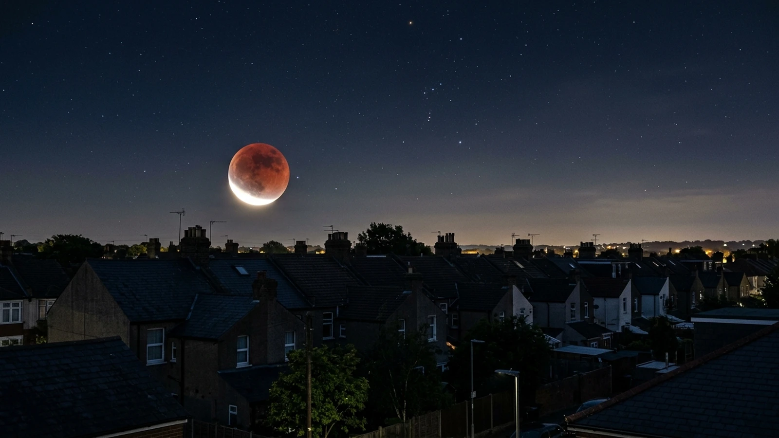 A partially eclipsed copper-red Moon hanging low over sleeping UK rooftops in the early hours, with Earth's dark shadow covering most of the lunar disc