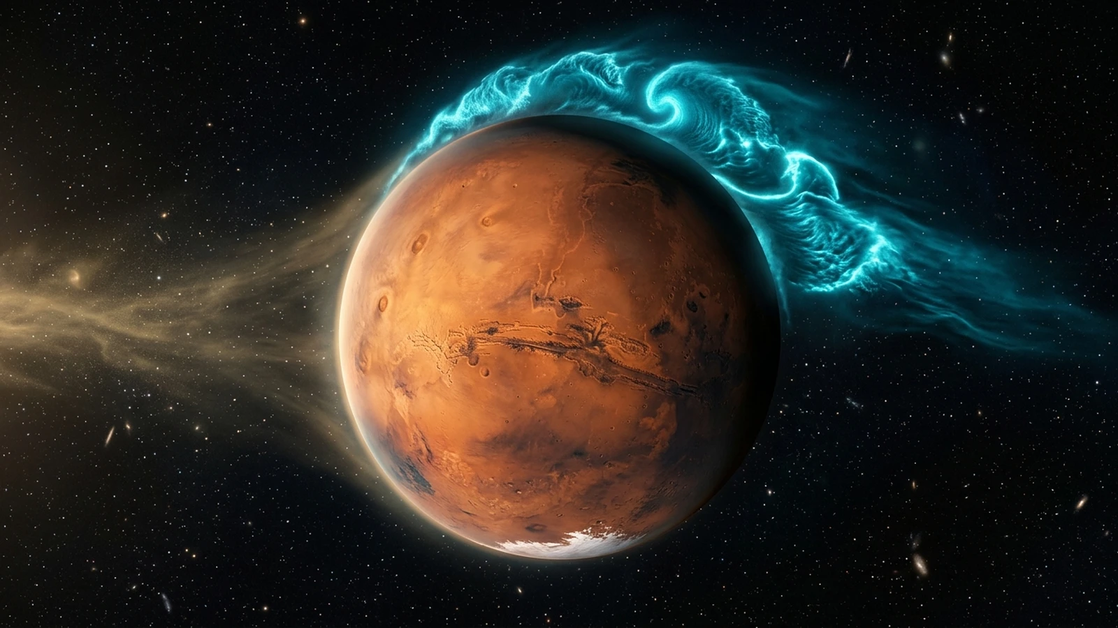 Artist's impression of the solar wind streaming past Mars, raising glowing wave-like ripples along the edge of the planet's thin atmosphere