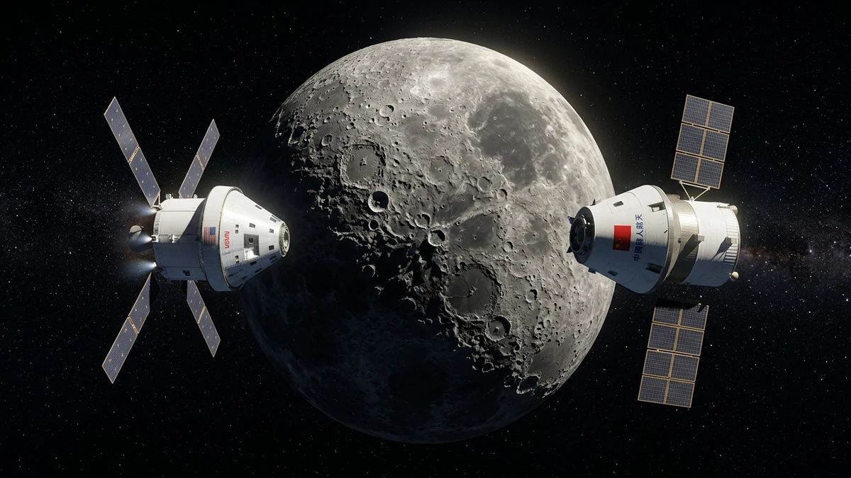 Side by side comparison artwork showing NASA's Orion capsule and Space Launch System on the left versus China's Mengzhou crew vehicle and Lanyue lander on the right, both heading toward the Moon