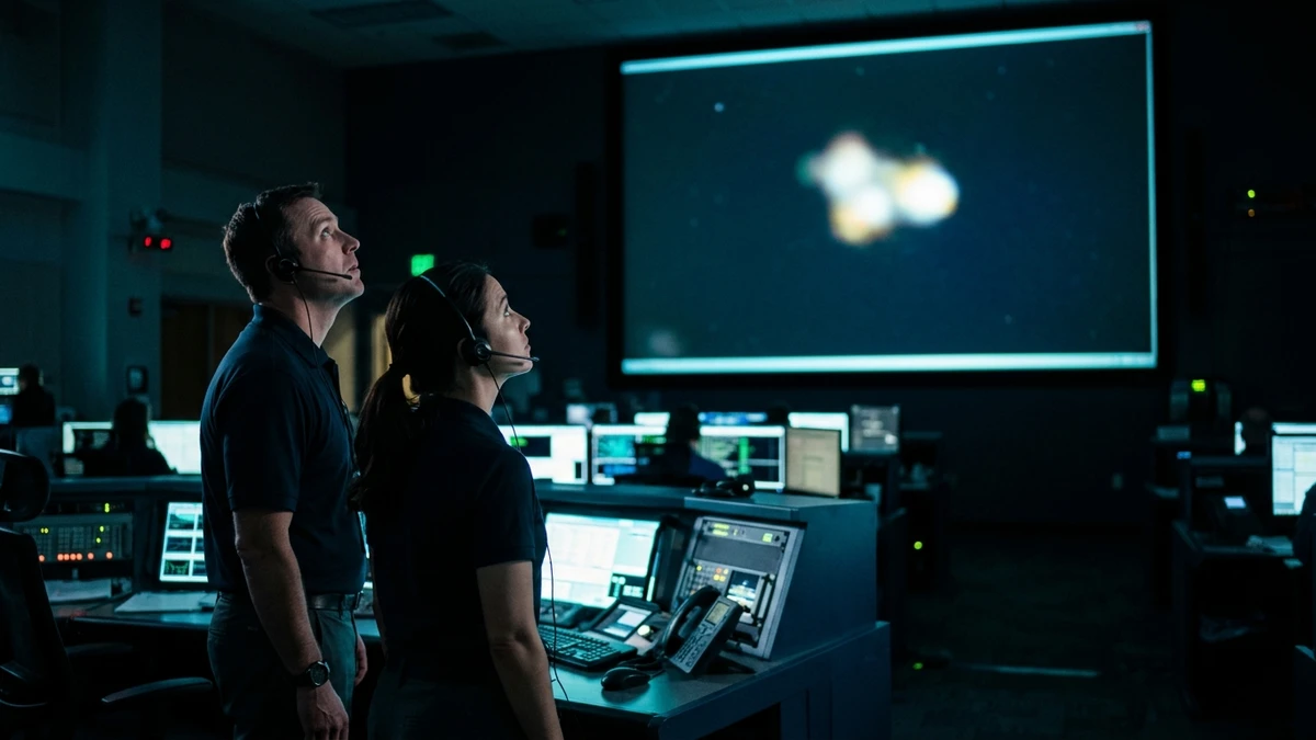 Flight controllers in a darkened NASA control room study a wall screen showing an unresolved bright object