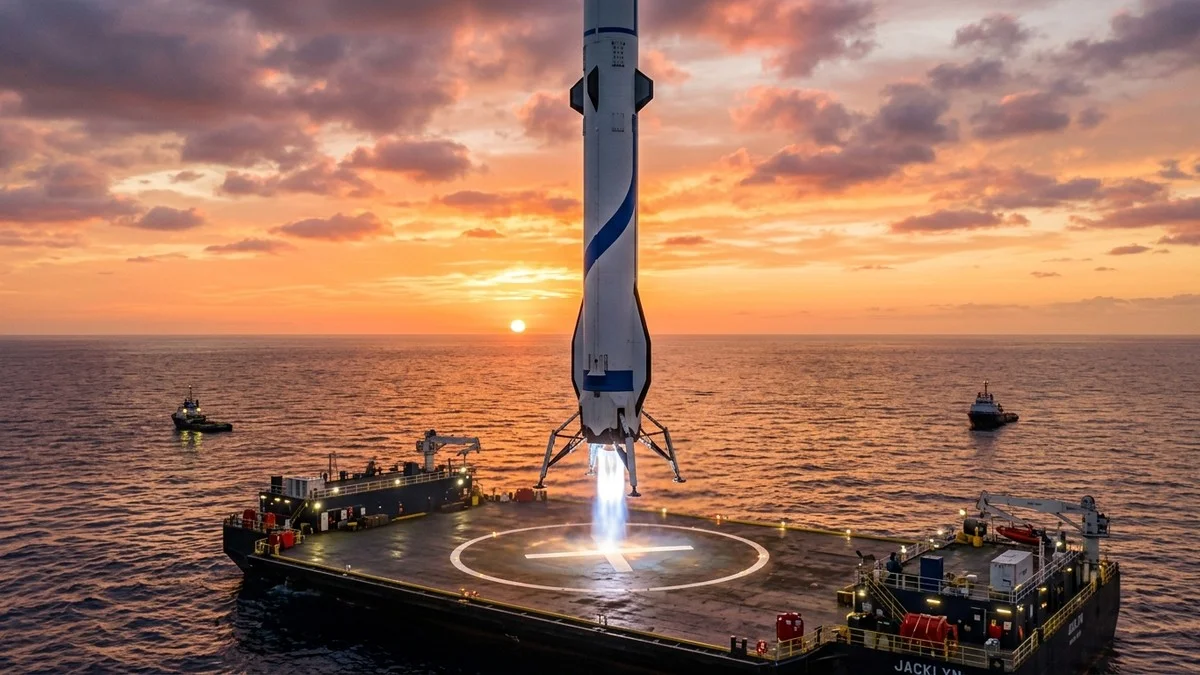 New Glenn first-stage booster descending toward the droneship in the Atlantic Ocean, landing legs deployed, engine firing