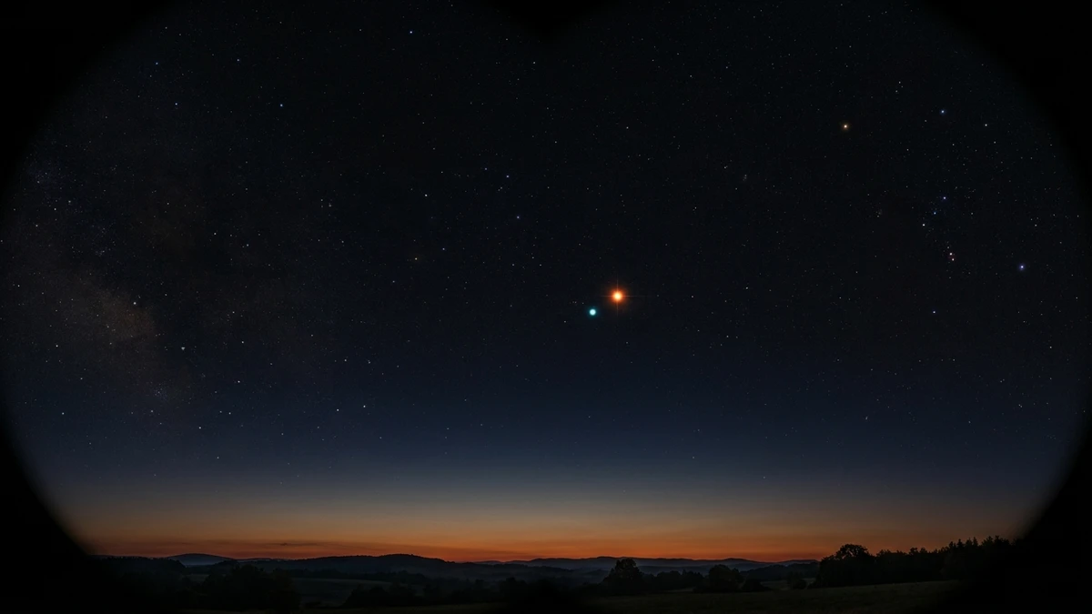Orange Mars and blue-green Uranus sitting close together in a binocular field low in the pre-dawn eastern sky