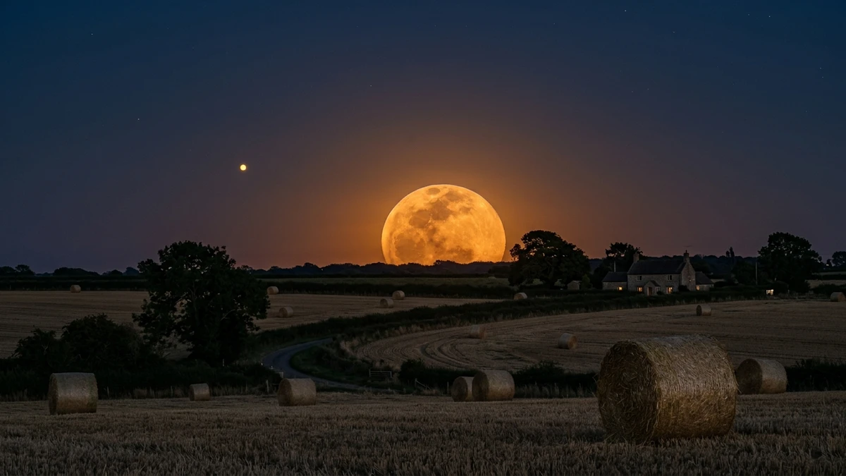 A large amber Harvest Moon rising over darkening British farmland with Saturn visible as a bright point nearby