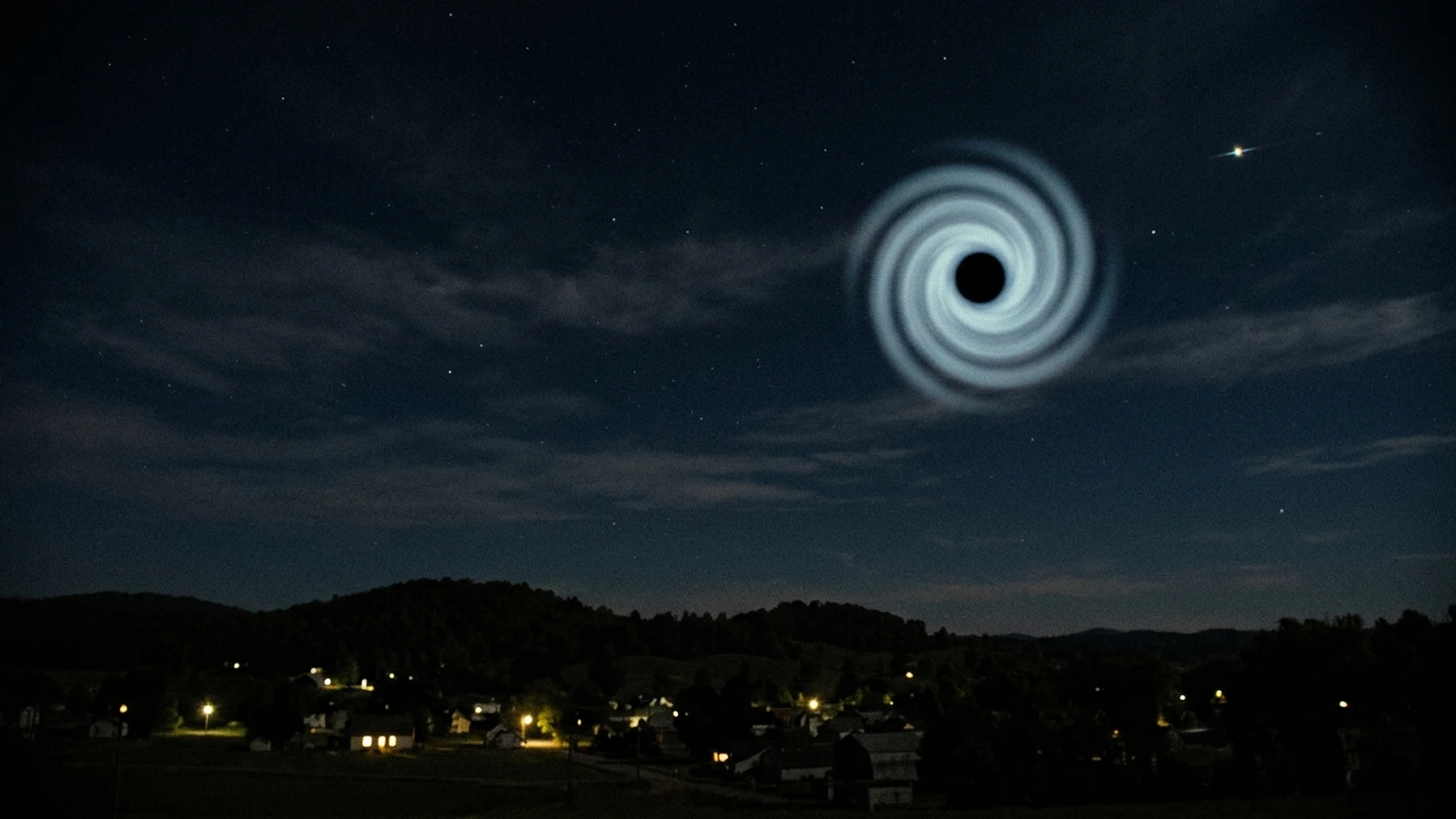 A luminous spiral of pale blue light with a black centre hanging silently over a dark 1960s town at night