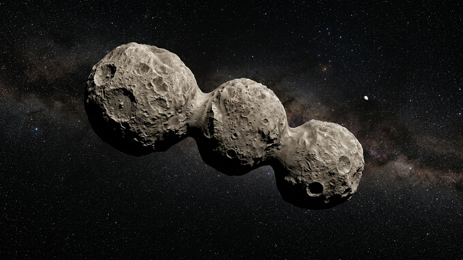 A three-lobed asteroid with two narrow neck-like valleys, lit by the distant Sun against a black starfield