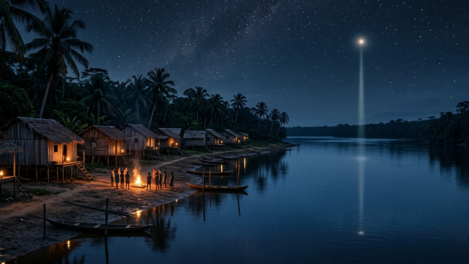 A riverside Amazon village at night with wooden houses and hammocks visible, lit by a pale beam of light descending from the sky over the water