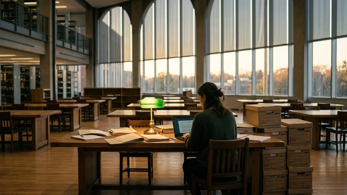A wide shot of a modern government reading room with a single researcher at a long table under a desk lamp, surrounded by open folders, a laptop and a tall stack of archive boxes, viewed from behind