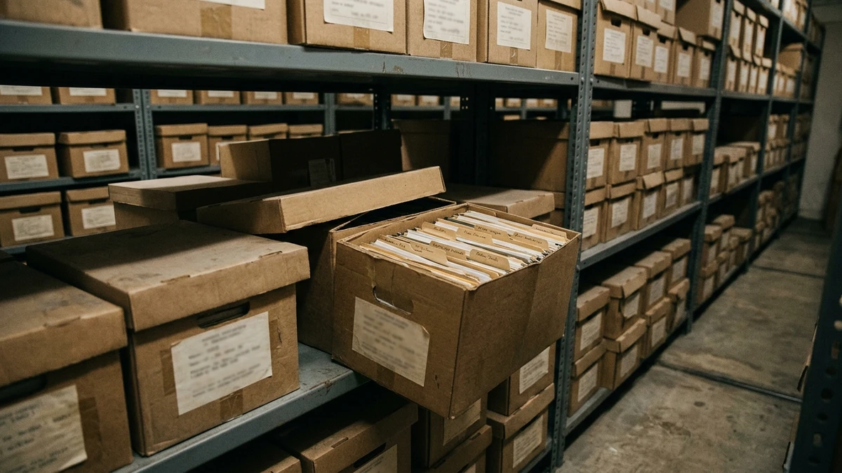 Stacked archive boxes with typed labels on metal shelving in a records room, one box lid off to show rows of tabbed case folders, viewed from a low angle in soft warm light
