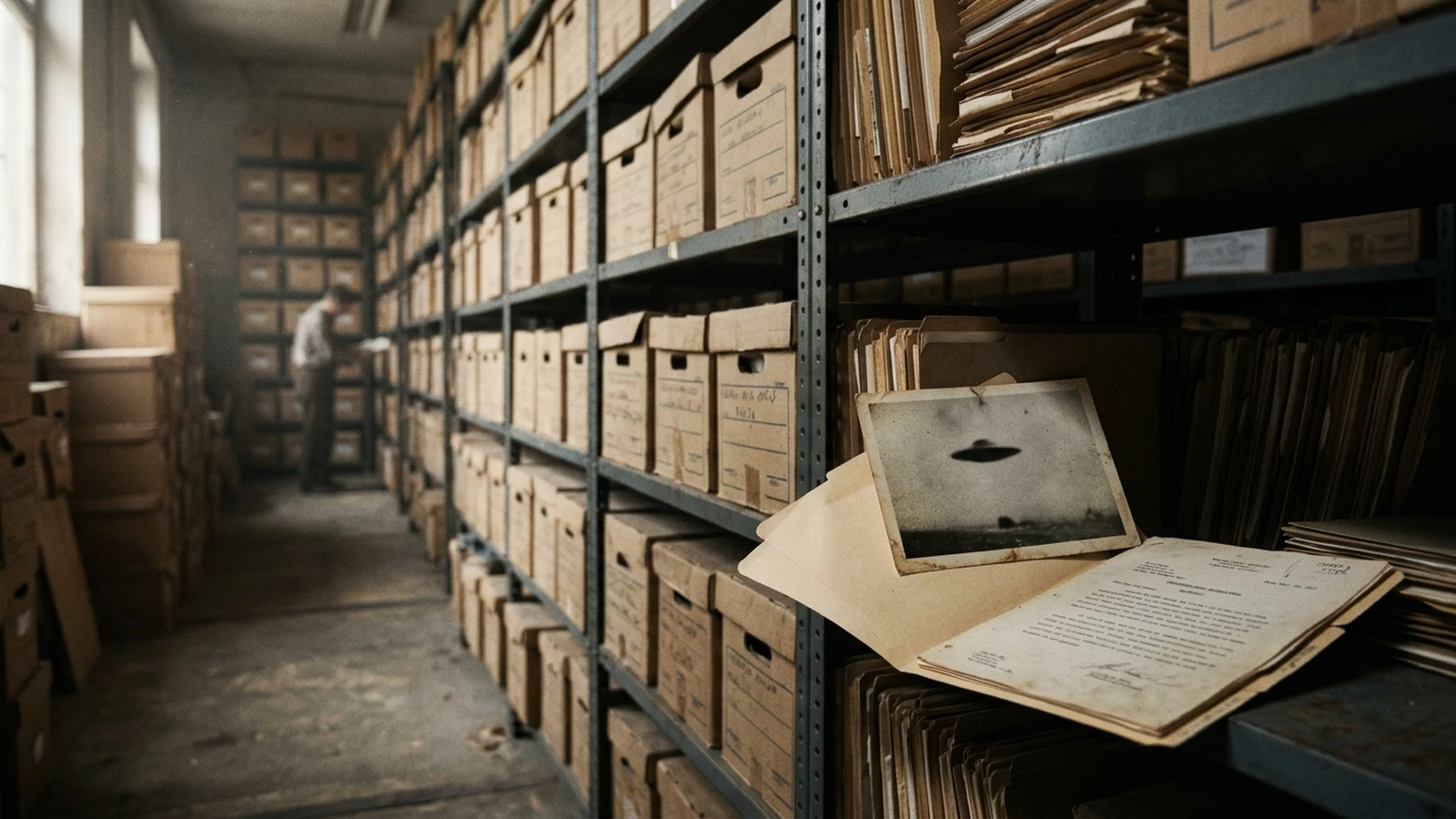Rows of old archive boxes and manila folders on metal shelving in a dim records room, one folder open showing a typed 1950s report and a black-and-white photograph of a disc-shaped object