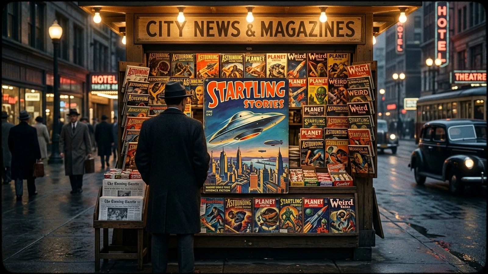 A 1940s newsstand at dusk with a pulp science fiction magazine cover showing a flying saucer