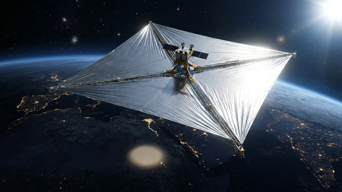 An unfurled square mylar space mirror in low Earth orbit reflecting a beam of sunlight down onto the dark surface of the planet below