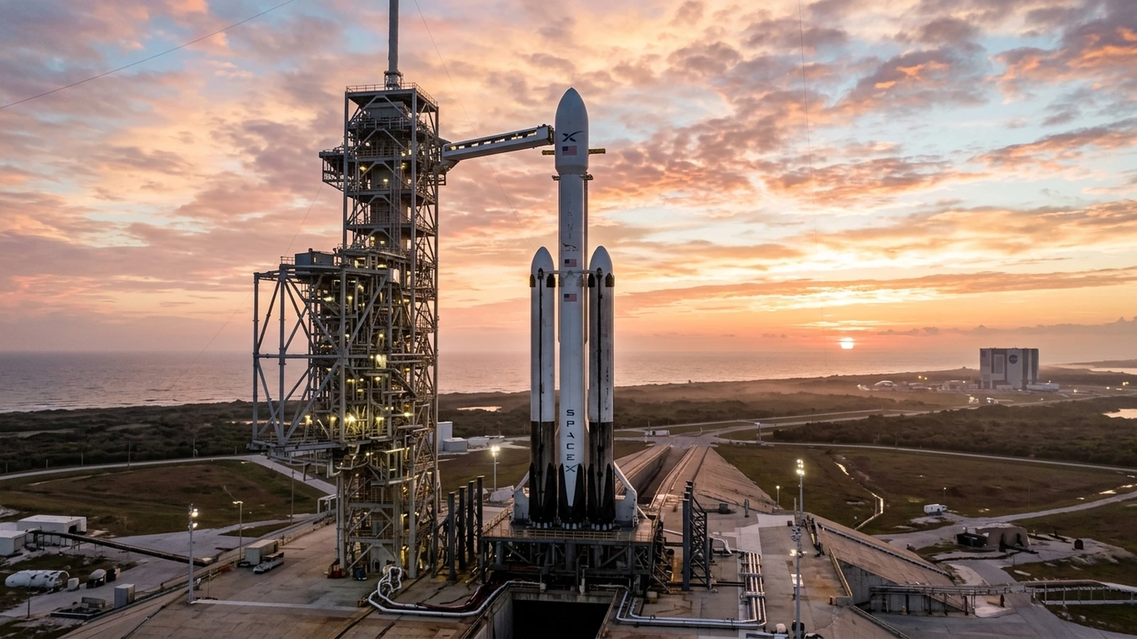 SpaceX Falcon Heavy rocket standing on Launch Complex 39A at Kennedy Space Center at sunrise, ready to launch the Roman Space Telescope