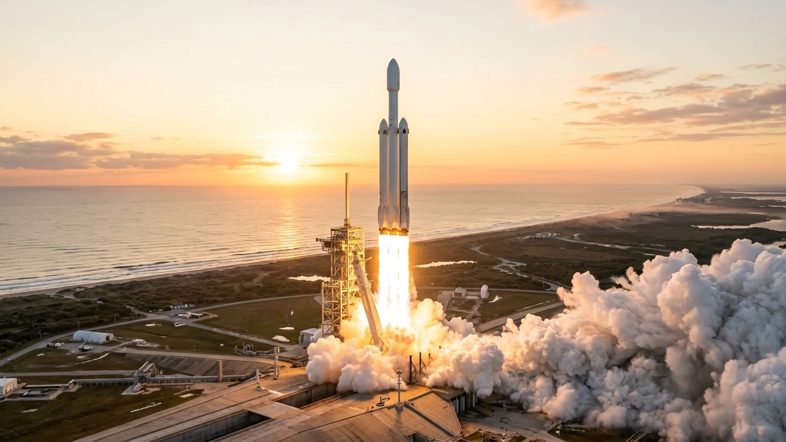SpaceX Falcon Heavy rocket lifting off at sunrise from Launch Complex 39A carrying the Roman Space Telescope