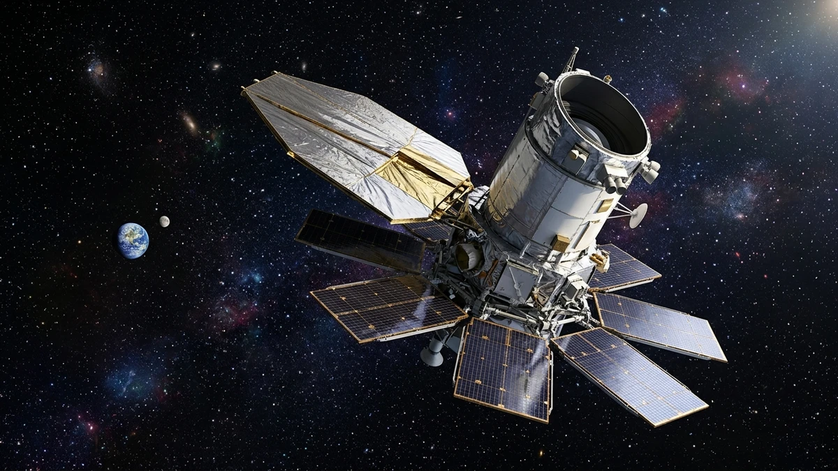 Artist's impression of the Roman Space Telescope with its six solar panels deployed, operating in deep space at the Sun-Earth L2 point