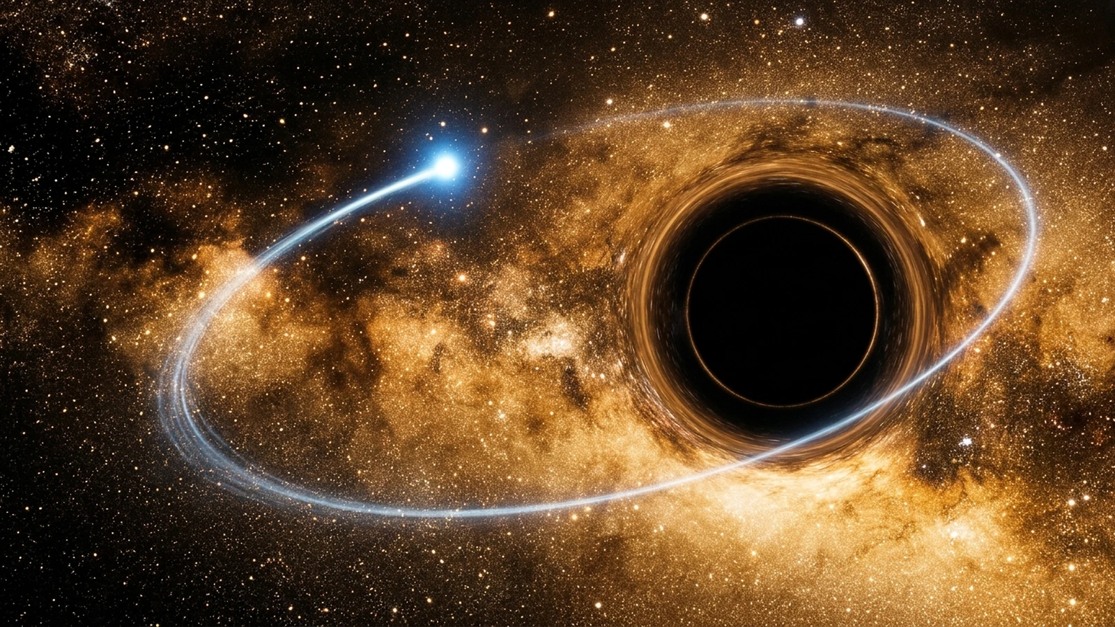 Artist's impression of a small blue-white star racing around a supermassive black hole, leaving a glowing trail against the dense star fields of the galactic centre
