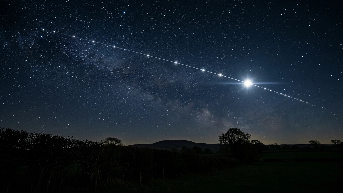 A line of bright satellite trails crossing a dark starry sky above a rural horizon
