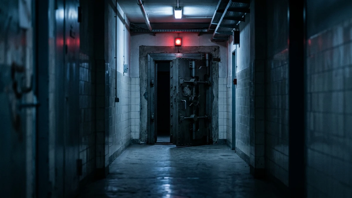 A heavy secure vault-style door stands ajar at the end of a government corridor with a red in-use light glowing above it